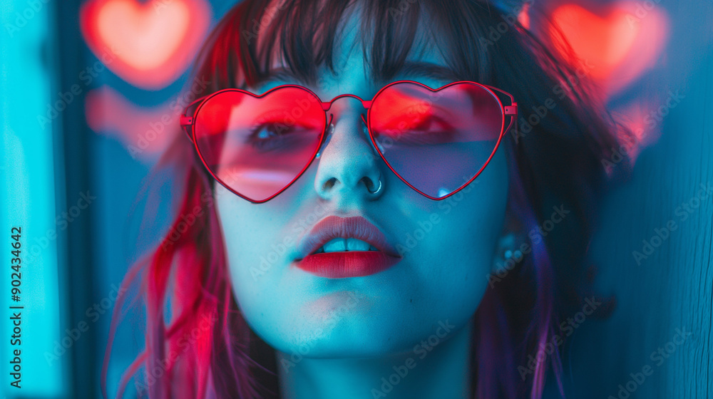 Frau mit roter Herzbrille Mode Brillenmode Generative AI Frau mit roter Herzbrille Mode Brillenmode Generative AI