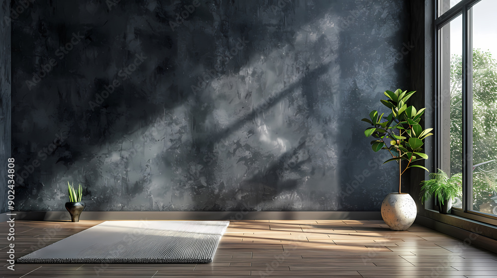 A minimalist room with a large window, a textured dark grey wall, and a small plant in a pot. The room is lit by natural light coming through the window, creating a bright and airy atmosphere. A minimalist room with a large window, a textured dark grey wall, and a small plant in a pot. The room is lit by natural light coming through the window, creating a bright and airy atmosphere.