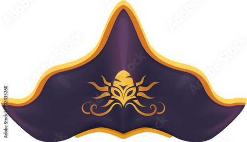 Cartoon pirate hat, corsair captain tricorn with kraken octopus emblem. Isolated vector buccaneer cocked cap with curved brim, adorned with golden border, capturing the adventurous spirit of the seas