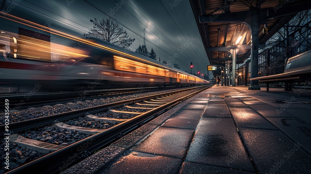 Fototapeta premium Fast Train at Night: High-Speed Motion and Blurred Lights Create a Dynamic Nighttime Scene. Captivating Urban Transport and Nighttime Atmosphere