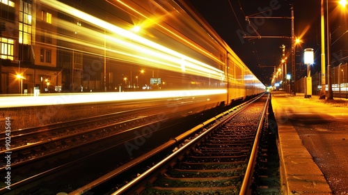 Fast Train at Night: High-Speed Motion and Blurred Lights Create a Dynamic Nighttime Scene. Captivating Urban Transport and Nighttime Atmosphere © Li