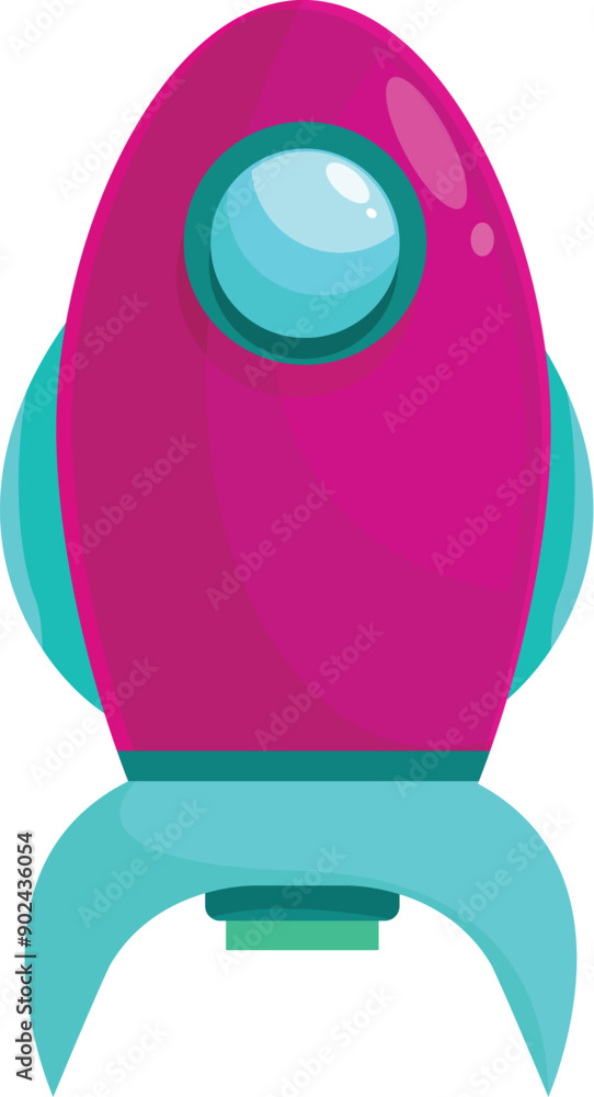 Cartoon rocket ship flying upward with blue accents and a window to see out of Cartoon rocket ship flying upward with blue accents and a window to see out of