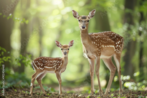 A Fawn and Its Mother Standing in a Forest Clearing