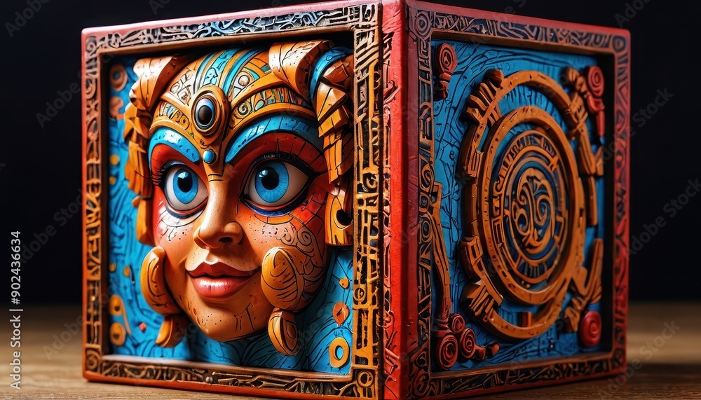 Obraz premium Ornate Wooden Box with Intricate Design and Female Face.