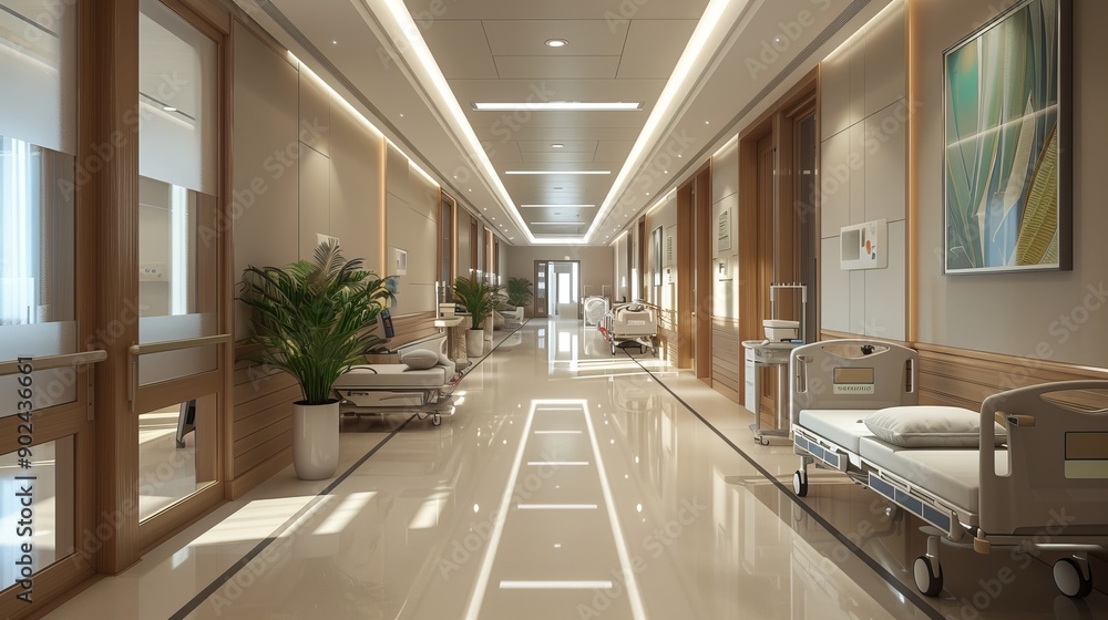 Fototapeta premium Spacious Corridor in Modern Hospital with Medical Equipment and Patient Beds, Bright Healthcare Facility Interior Scene
