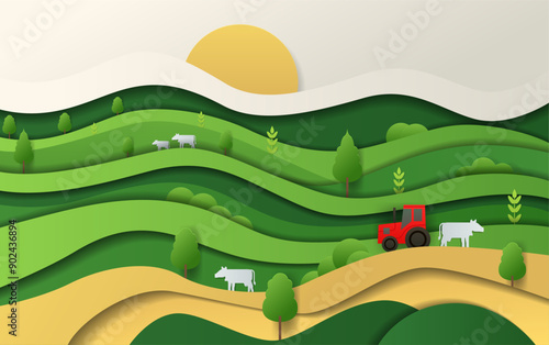 Farm landscape with hills cows and tractor. Paper cut style illustration depicting green rolling hills trees and sunrise. Bright colors and layered design