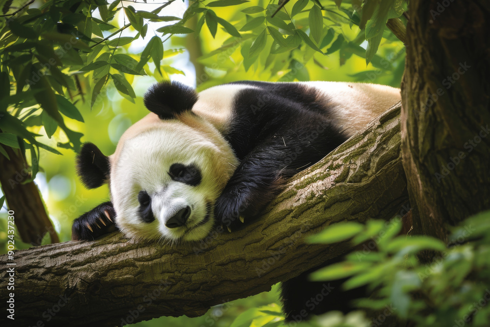 Obraz premium Sleeping Giant Panda Bear Resting on a Tree Branch