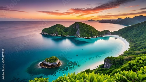 A breathtaking island landscape with crystal clear waters, lush greenery, and a colorful sunset