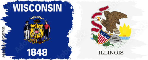 Illinois and Wisconsin states grunge brush flags connection, vector