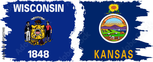 Kansas and Wisconsin states grunge brush flags connection, vector