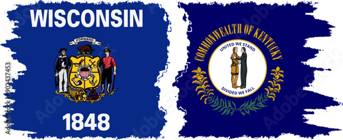 Kentucky and Wisconsin states grunge brush flags connection, vector