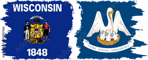 Louisiana and Wisconsin states grunge brush flags connection, vector
