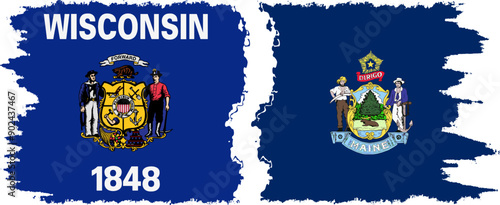 Maine and Wisconsin states grunge brush flags connection, vector