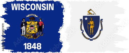 Massachusetts and Wisconsin states grunge brush flags connection, vector