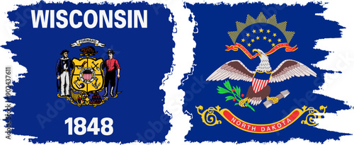North Dakota and Wisconsin states grunge brush flags connection, vector