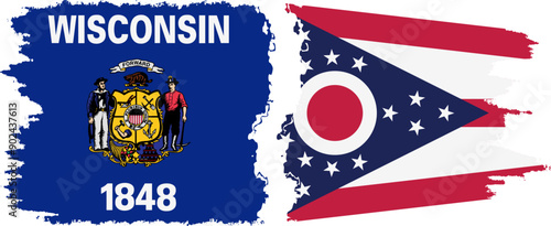 Ohio and Wisconsin states grunge brush flags connection, vector