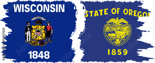Oregon and Wisconsin states grunge brush flags connection, vector