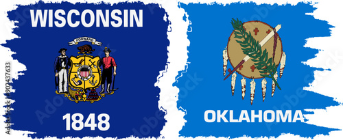 Oklahoma and Wisconsin states grunge brush flags connection, vector