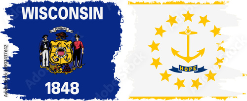 Rhode Island and Wisconsin states grunge brush flags connection, vector