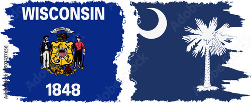 South Carolina and Wisconsin states grunge brush flags connection, vector