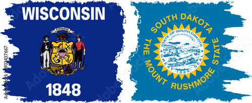 South Dakota and Wisconsin states grunge brush flags connection, vector