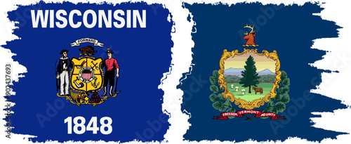 Vermont and Wisconsin states grunge brush flags connection, vector