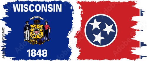 Tennessee and Wisconsin states grunge brush flags connection, vector