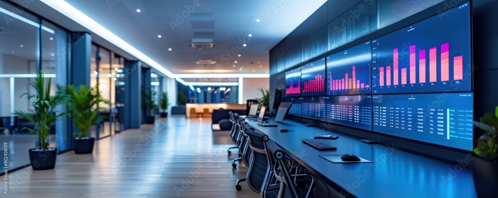 Fototapeta premium Modern office with large screens displaying real-time ad campaign performance and SEO data, [Presence], [Ads], [Optimization]