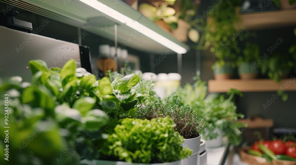 A kitchen with a variety of potted plants and herbs, including basil, parsley A kitchen with a variety of potted plants and herbs, including basil, parsley