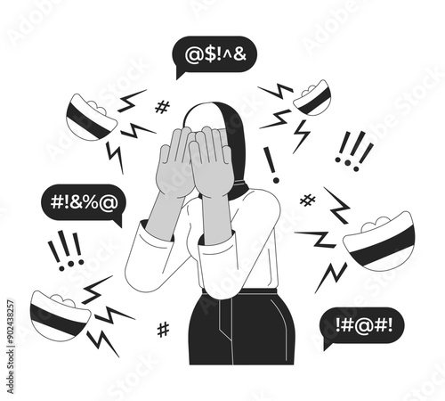 Bullying of muslim hijab black and white 2D illustration concept. Headscarf arabic woman covering eyes in pain outline character isolated. Islamophobia verbal abuse metaphor monochrome vector art