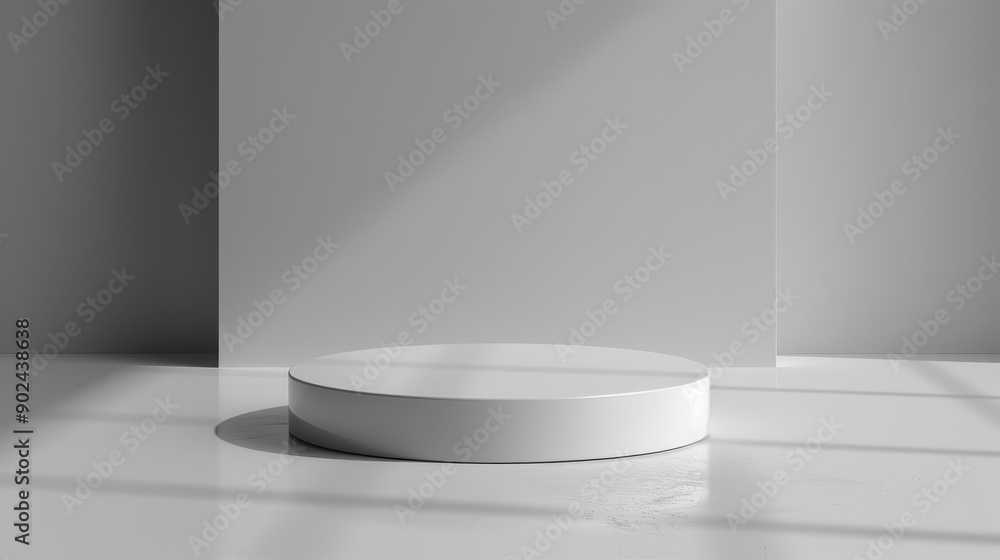 A white pedestal with a circular base is in a room with a white wall A white pedestal with a circular base is in a room with a white wall