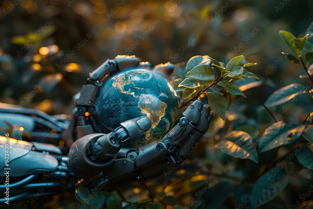 Fototapeta premium Harmony of Technology and Nature: Robot Hands Cradling Earth