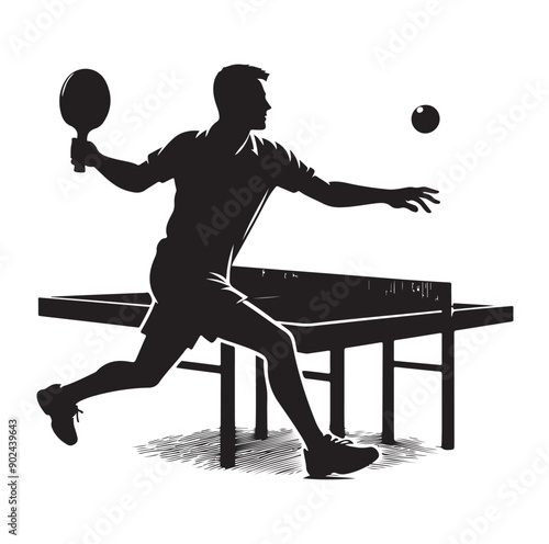 Silhouette of Athletic Man Playing Table Tennis with Racket and Ball
