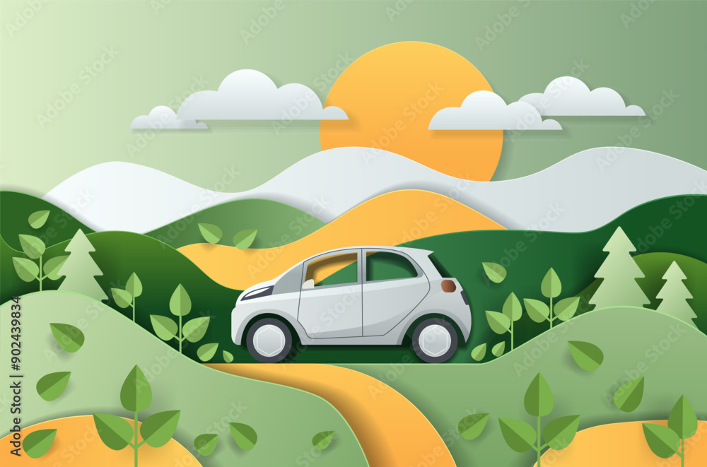 Eco-friendly electric car driving through scenic green hills with trees and plants under a bright sun and clouds in paper cut style Eco-friendly electric car driving through scenic green hills with trees and plants under a bright sun and clouds in paper cut style