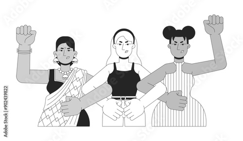 Diverse feminists protest black and white flat line illustration. Feminism women multicultural 2D lineart characters isolated. Girl power. Females manifestation monochrome vector outline image
