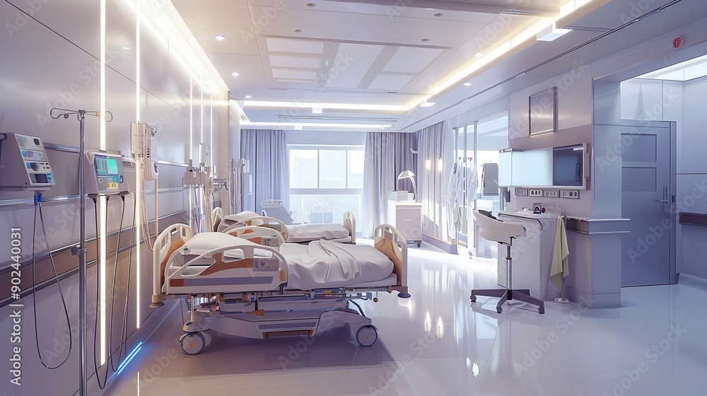 Modern Hospital Room with Clean Medical Equipment, Empty Bed, and Bright Lighting Showcasing Advanced Healthcare Facilities Modern Hospital Room with Clean Medical Equipment, Empty Bed, and Bright Lighting Showcasing Advanced Healthcare Facilities