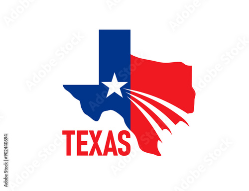 Texas state symbol, map icon, features a prominent lone star, symbolizing unity and the independent spirit of american usa state, silhouette of Texas distinctive map outline in red and blue color