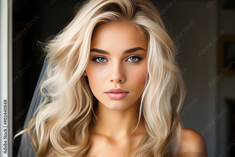 Naklejka premium A stunning blonde woman with long wavy hair and captivating green eyes, captured in a close-up with a bokeh background.