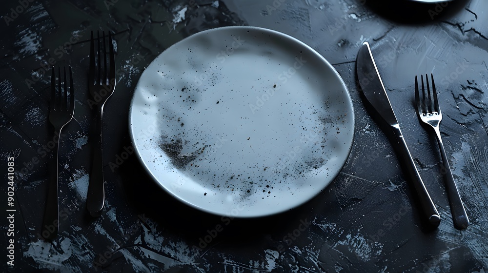 Cutlery and Plate: Cutlery placed around an empty spot on a plate, indicating an invisible gourmet dish.
Cutlery and Plate: Cutlery placed around an empty spot on a plate, indicating an invisible gourmet dish.