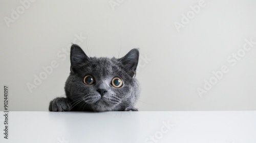 beautiful funny grey British cat peeking out from behind a white table with copy space