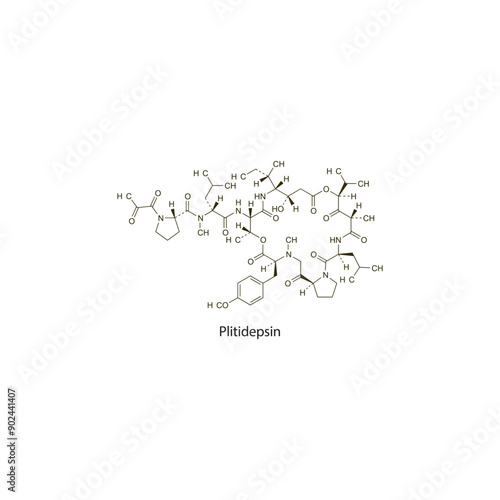 Plitidepsin flat skeletal molecular structure Antineoplastic drug used in cancer treatment. Vector illustration scientific diagram.