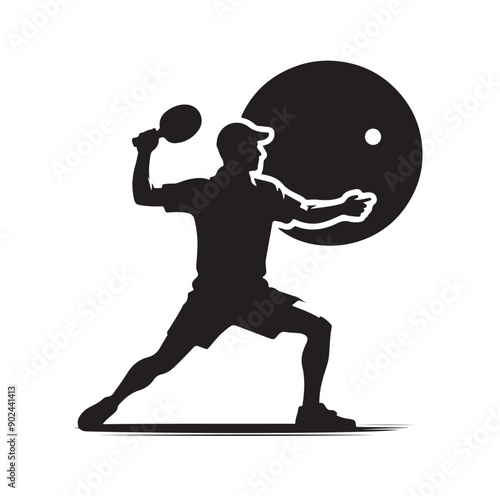 Silhouette of Athletic Man Playing Table Tennis with Racket and Ball
