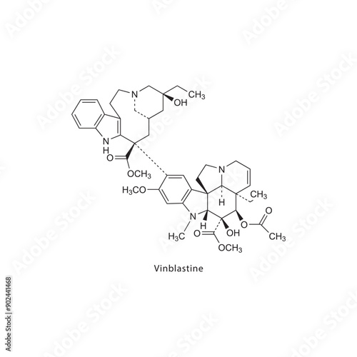 Vinblastine flat skeletal molecular structure Antineoplastic drug used in cancer treatment. Vector illustration scientific diagram.