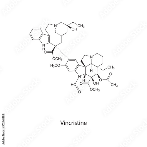 Vincristine flat skeletal molecular structure Antineoplastic drug used in cancer treatment. Vector illustration scientific diagram.