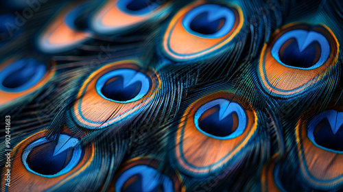 Close up photo of a pile of Peacock patterned bird feathers photo