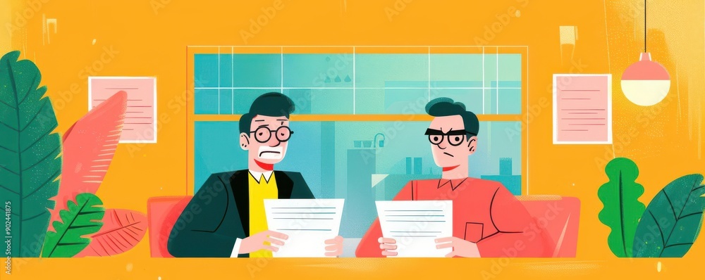 Two professionals discuss important documents in a modern office setting, surrounded by vibrant plants and bright decor. Two professionals discuss important documents in a modern office setting, surrounded by vibrant plants and bright decor.