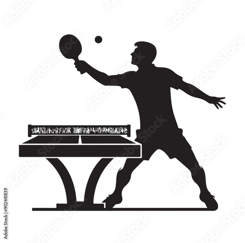Silhouette of Athletic Man Playing Table Tennis with Racket and Ball
