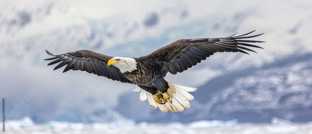 Fototapeta premium Bald eagle soaring over Alaska Bay near Homer