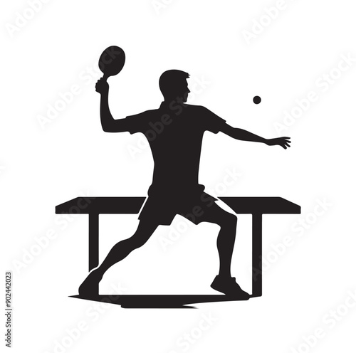 Silhouette of Athletic Man Playing Table Tennis with Racket and Ball
