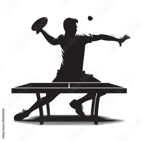 Silhouette of Athletic Man Playing Table Tennis with Racket and Ball
